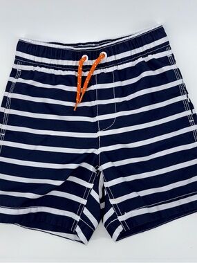 GAP Kids Navy and White Striped Boys Swim Trunks with Orange Drawstring